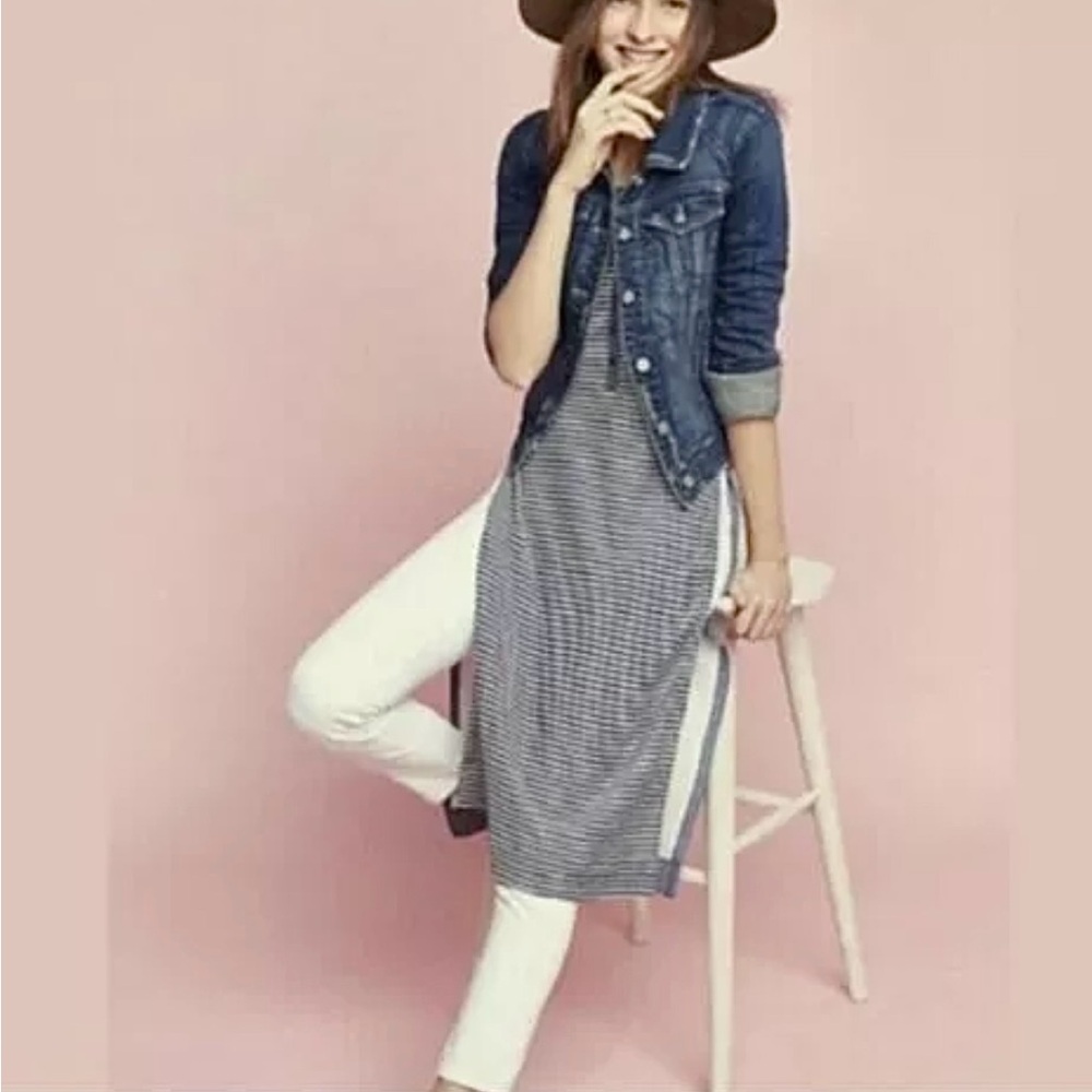 Anthropologie Postmark Stripe Side Slits Henley Midi Tunic/Dress Large - Picture 2 of 10
